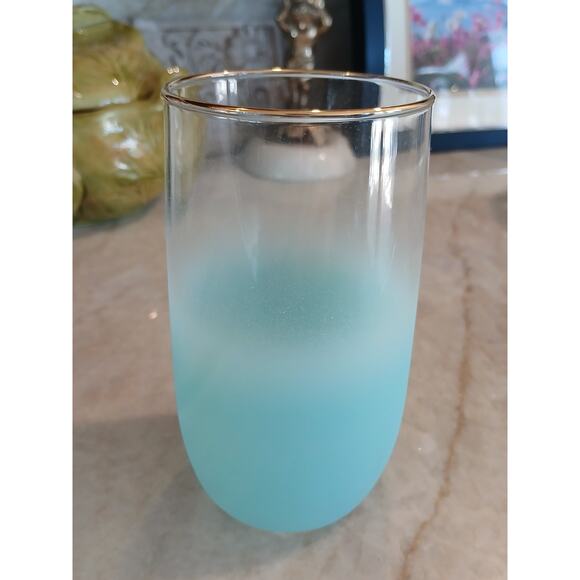 1950 West Virginia Blendo Water Glass Tumbler Frosted Turquoise Gold Party MCM - Picture 4 of 15